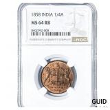 1858 British India Copper 1/4 Anna NGC MS64 RB