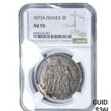 1873A France Silver 5 Francs NGC AU55