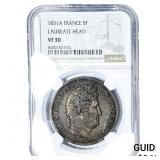 1831A France Silver 5 Francs Lauraeate Head NGC VF