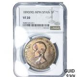 1890(90) MPM Spain Silver 5 Pesetas NGC VF20