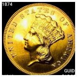 1874 $3 Gold Piece CHOICE BU