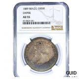 1889 Brazilian Empire Silver 2000 Reis NGC AU55