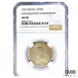 1932 Brazil Silver 2000 Reis NGC AU58