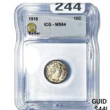 1916 Barber Dime ICG MS64