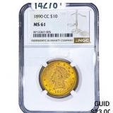 1890-CC $10 Gold Eagle NGC MS61