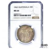 1962 Guatemala Silver 50 Centavos Toned! NGC MS64