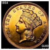 1854 $3 Gold Piece CHOICE BU