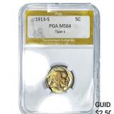1913-S Buffalo Nickel PGA MS64 Type 1