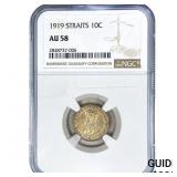 1919 Straits Settlements Silver 10 Cents NGC AU58