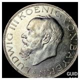 1914 Germany, Bavaria Silver 3 Marks CHOICE BU