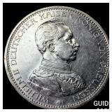 1913-A Germany, Prussia Silver 5 Marks CHOICE AU