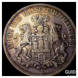 1875 Germany, Hamburg Silver 5 Marks Toned! CHOICE