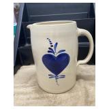 Primitive Stoneware Pitcher W/ Blue Heart Bee Stin