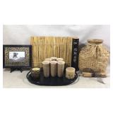 Bamboo Mat, Vtg Tumblers, Serving Tray, Art