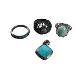 4 Pc Sterling Silver & Turquoise Rings & pendent