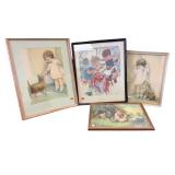 Four framed prints depicting children and animals