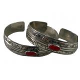 (2) Signed Red Coral Nickel Silver Navajo Cuffs