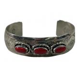 Signed Navajo Red Coral Nickel Silver Cuff