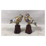 2 Chinese Cloisonne Enamel Owls on Wooden Perch
