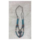 Turquoise and Coral Beaded Necklace with Pendant