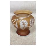 Amber Satin Glass Vase With White Floral Design