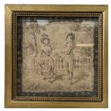 antique framed tapestry depicting courting Couple