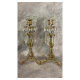 Antique Pair of Brass and Crystal Candlestick