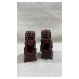 pair of red resin Foo Dog guardian lion figurines