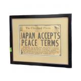 Framed Cleveland Press Japan Peace Terms Newspaper