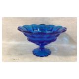 Blue Pedestal Glass Compote With Scalloped Edges