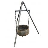 Antique Iron Cauldron with Tripod Stand and Chains