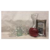 Metal Decorative Tray, Vase, Candelabras, Red Vase