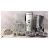 Glassware, Pewter Bowls, and Dispenser