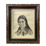 Signed Navajo Girl Watercolor On Board