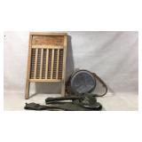 Antique Washboard, Canteen, Military Belt