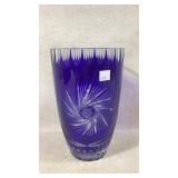 Cobalt Blue Cut Glass Vase with Floral Etching