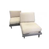 Two Beige Upholstered Lounge Chairs Wood Frame