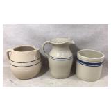3 Stoneware Pitcher & Crock Set w/ Blue Strips