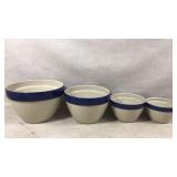 Four Blue-Banded Mixing Bowls by USA Maker