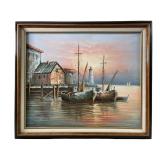 MAX SAVY "FISHING HARBOR AT SUNSET" OIL ON CANAVS