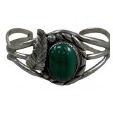 NAVAJO STERLING SILVER MALACHITE FEATHER CUFF