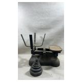 Large vintage cast iron balance scale w/ weights