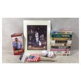 VHS tapes, vintage baseball photo, bobble head