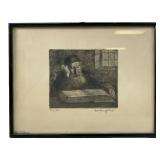 Signed German Etching Of Man Reading Book
