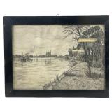 framed Antique landscape etching