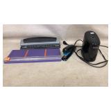 stapler, pencil sharpener, ruler, hole puncher