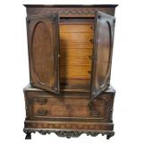 Ornate Wooden Armoire With Carved Details & Drawer