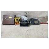 Hamilton postal scale, Avon box, money tray,