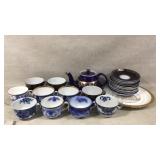 Halls China Teapot, Antique Flow Blue Cups /Saucer