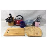 Knives in Block, Tea Kettle, Pans, Mugs